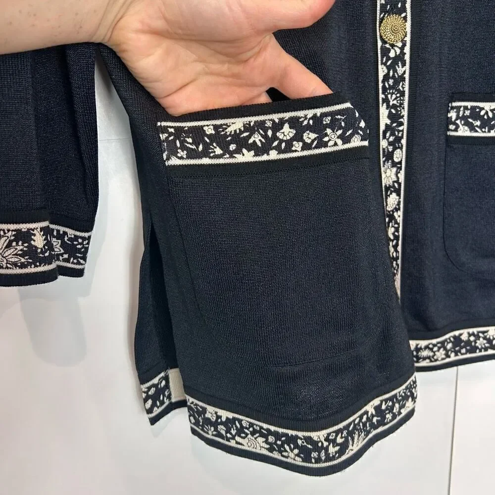 Castleberry Vintage Long Cardigan Sweater Women's Large Black Gold Button Floral